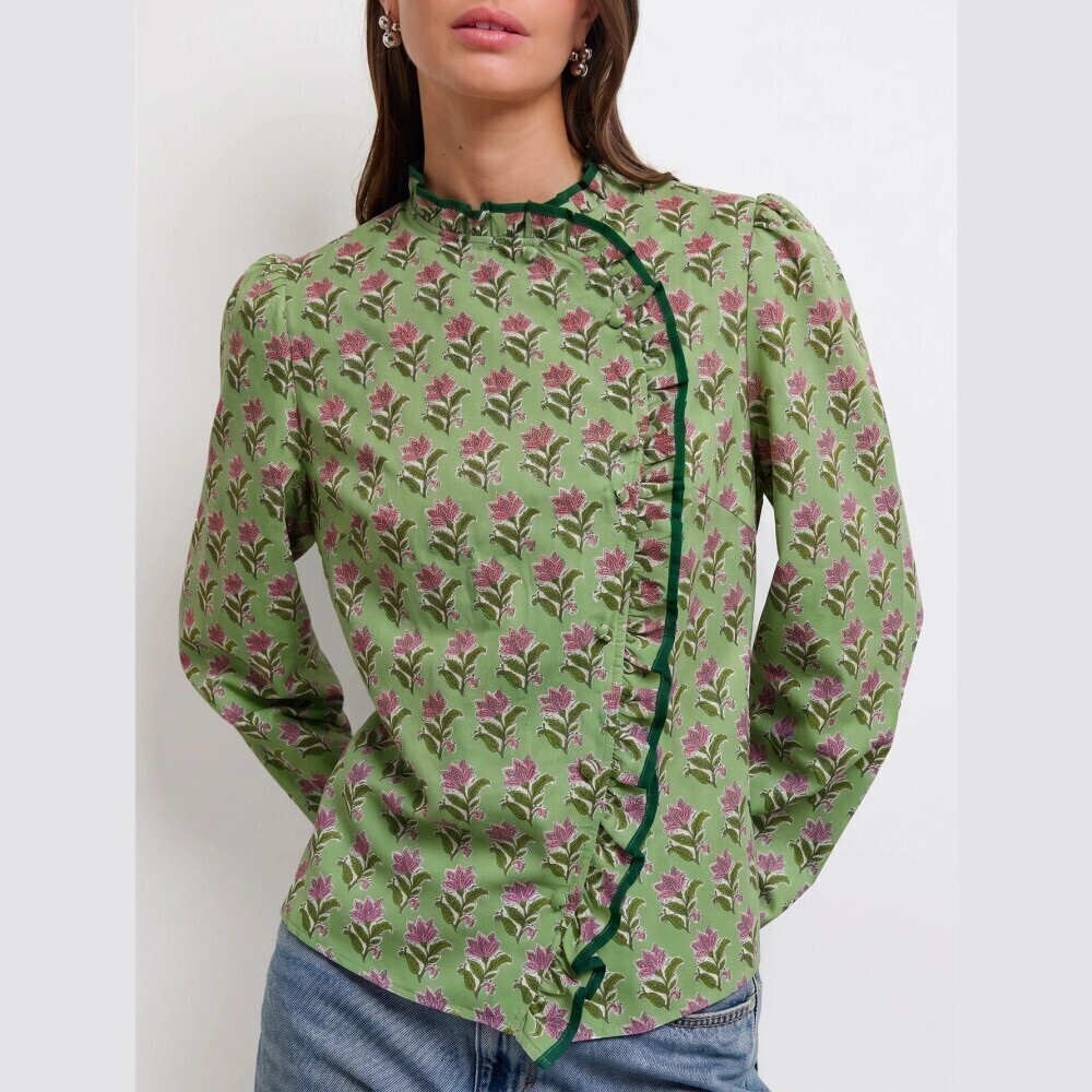 Green / Pink Floral Print Ruffle Trim Stand Collar Button Front Blouse